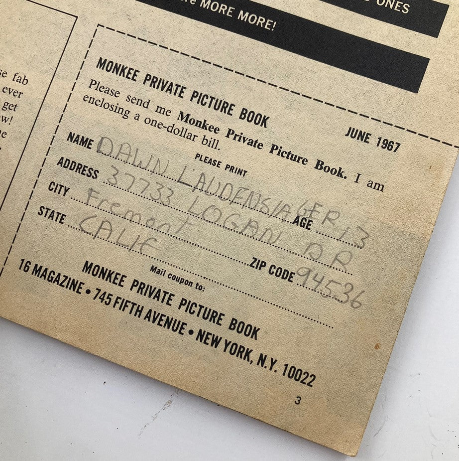 Back cover of Vintage 16 Magazine June 1967 Vol 9 #1 The Monkees & Me showing a subscription form and handwritten address, highlighting its historical significance.