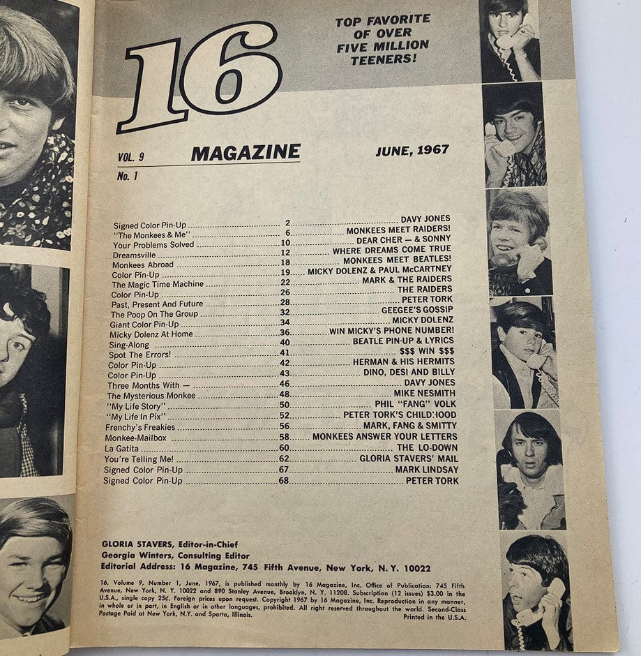 Contents page of Vintage 16 Magazine June 1967 Vol 9 #1 The Monkees & Me, listing articles and features, including The Monkees and other teen icons, perfect for vintage magazine enthusiasts.