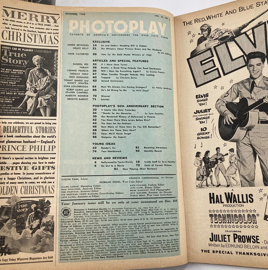 Inside page of VTG Photoplay Magazine December 1960 showcasing contents, featuring Debbie Reynolds, Grace Kelly, and Elvis Presley.