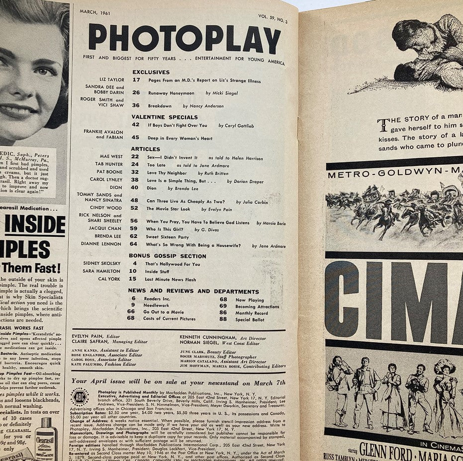 Inside page of VTG Photoplay Magazine March 1961 displaying the table of contents with features on Sandra Dee and Bobby Darin, revealing article titles and magazine layout.