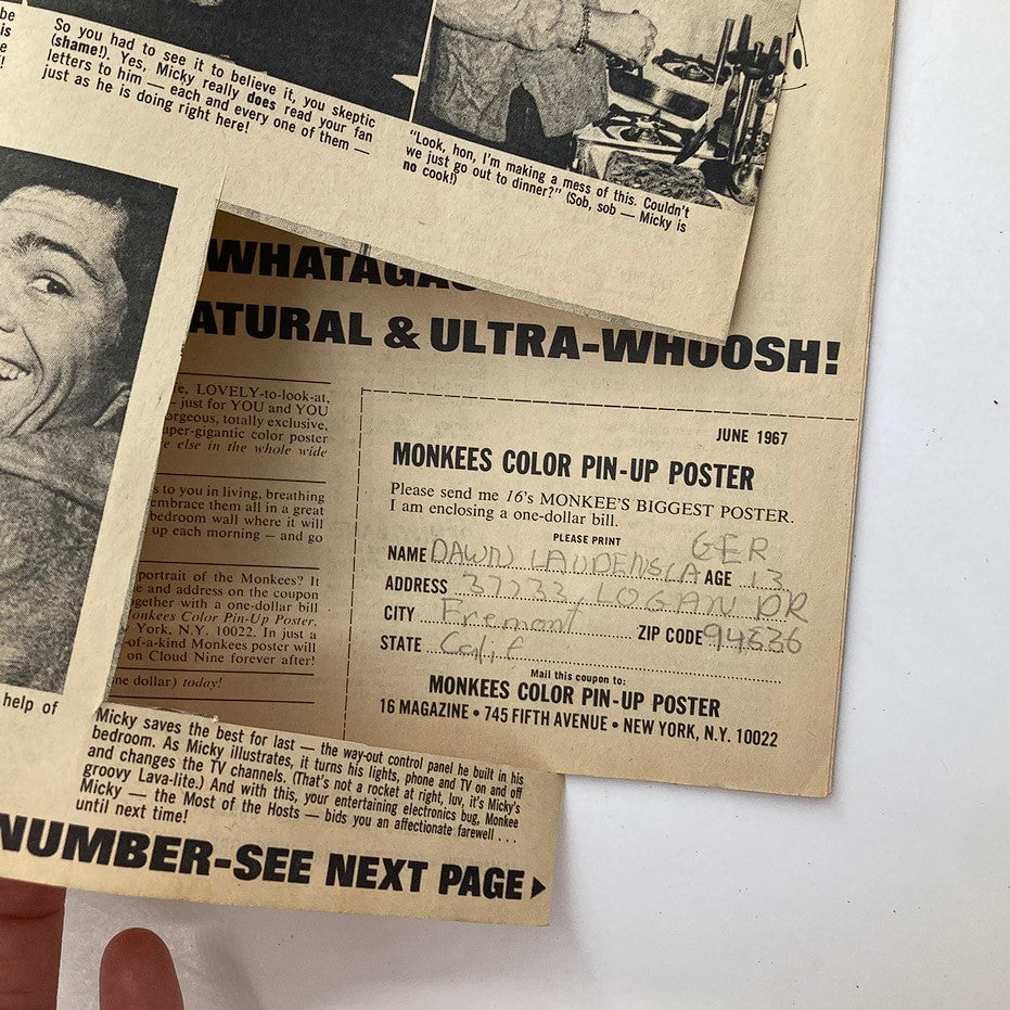 Page from VTG 16 Magazine June 1967 Vol 9 #1 The Monkees & Me featuring a colorful pin-up poster request form.