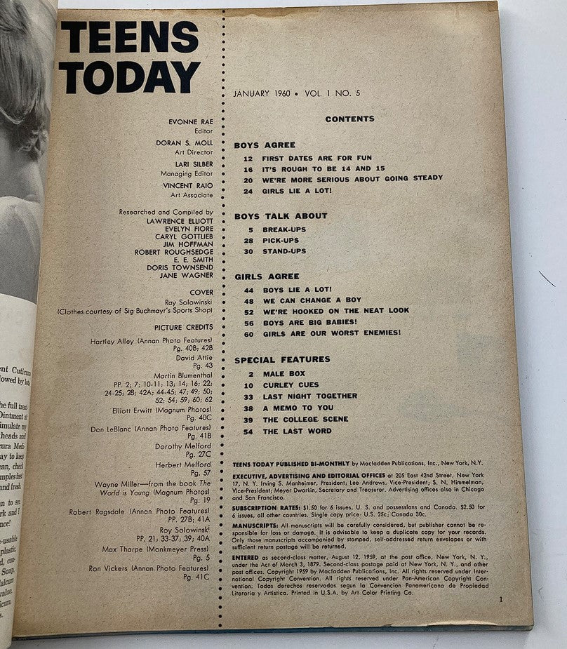 Inside contents page of VTG Teens Today Magazine January 1960 Vol 1 #5 listing various articles and features focused on teenage interests, including sections on boys and girls.