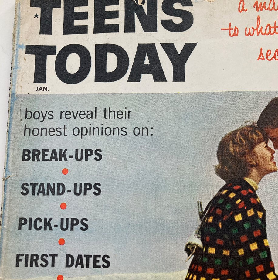 Close-up of the VTG Teens Today Magazine January 1960 cover, highlighting topics about teenage relationships such as break-ups and first dates.