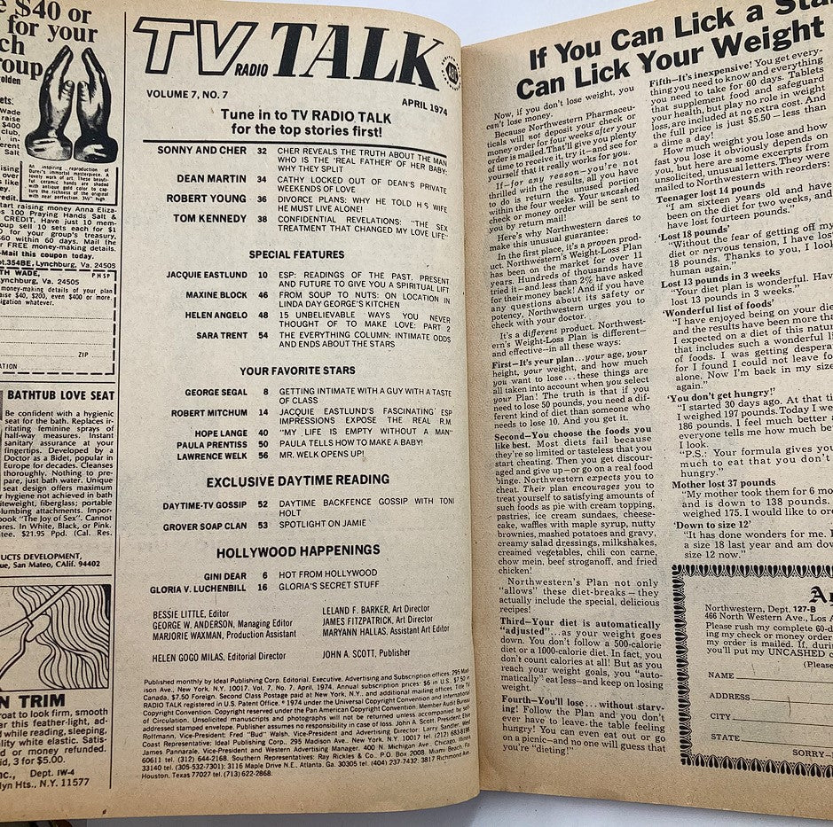 Inside pages of the VTG TV Radio Talk Magazine - April 1974, displaying articles on popular stars and entertainment features from the 1970s.