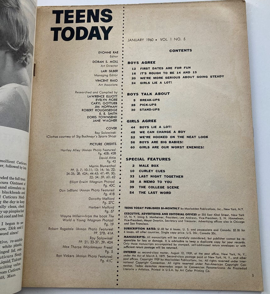 Inside page of VTG Teens Today Magazine January 1960, displaying the contents section that outlines various articles discussing teenage experiences.