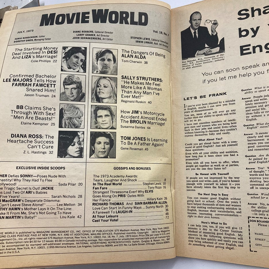 Inside page of Movie World Magazine July 1973 Vol 18 #7 highlighting various entertainment articles and features, including discussions on popular figures of the time.
