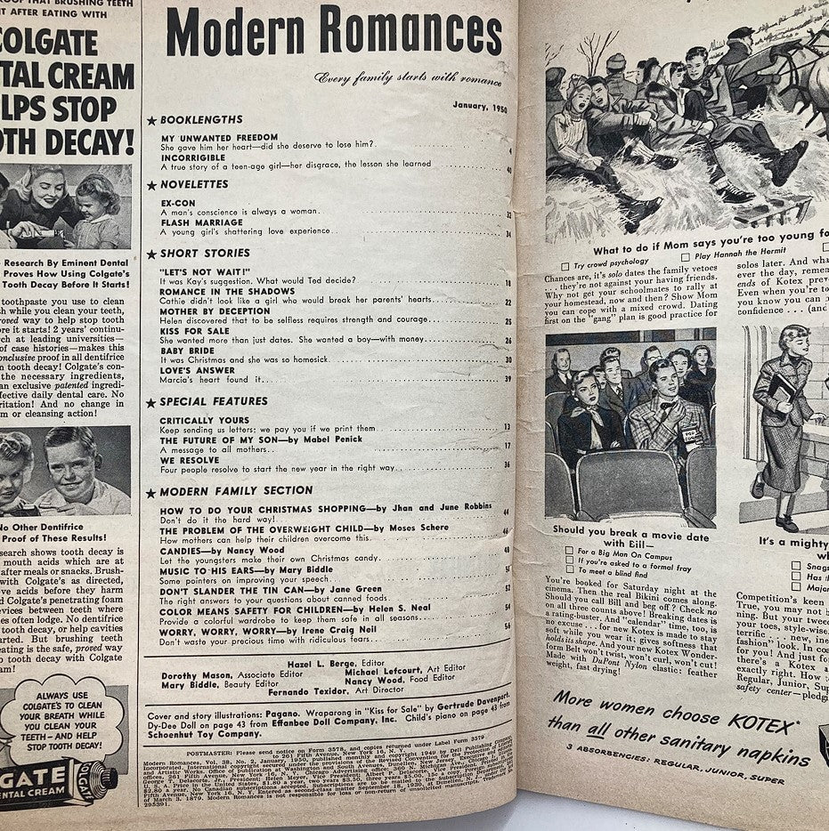Interior page of VTG Modern Romances Magazine January 1950 featuring a table of contents with story titles and illustrations, highlighting the magazine's romantic themes.