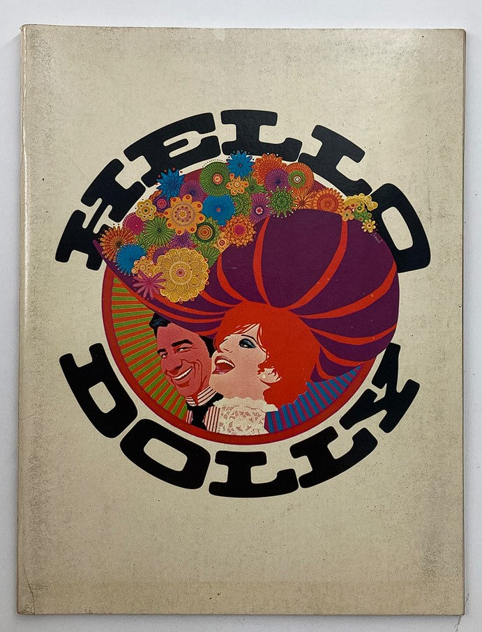 1970 Hello Dolly Souvenir Program Book cover featuring vibrant colors and illustrations of Barbra Streisand and Walter Matthau.