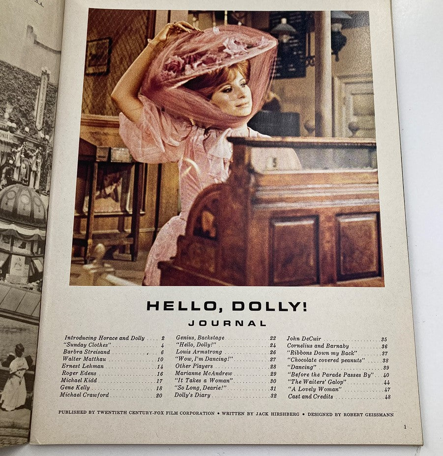 Inside page from the 1970 Hello Dolly Souvenir Program Book showcasing a list of content with Barbra Streisand highlighted.