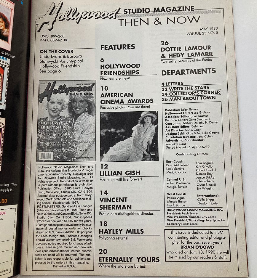 Inside page of Hollywood Studio Magazine Then & Now May 1990, listing features including Hollywood friendships, American Cinema Awards, and profiles of iconic stars.