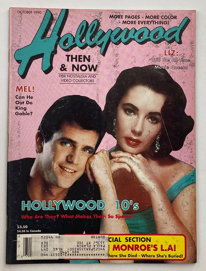 Cover of Hollywood Studio Magazine Then & Now, October 1990, featuring Liz Taylor and Mel Gibson, showcasing vintage Hollywood glamour.
