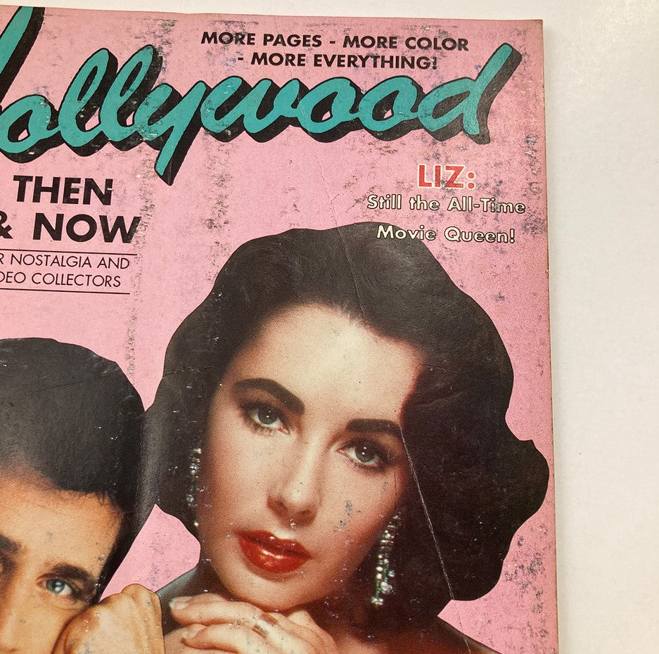 Close-up of the cover of Hollywood Studio Magazine Then & Now, October 1990, highlighting Liz Taylor and Mel Gibson, emphasizing the nostalgia of the film industry.