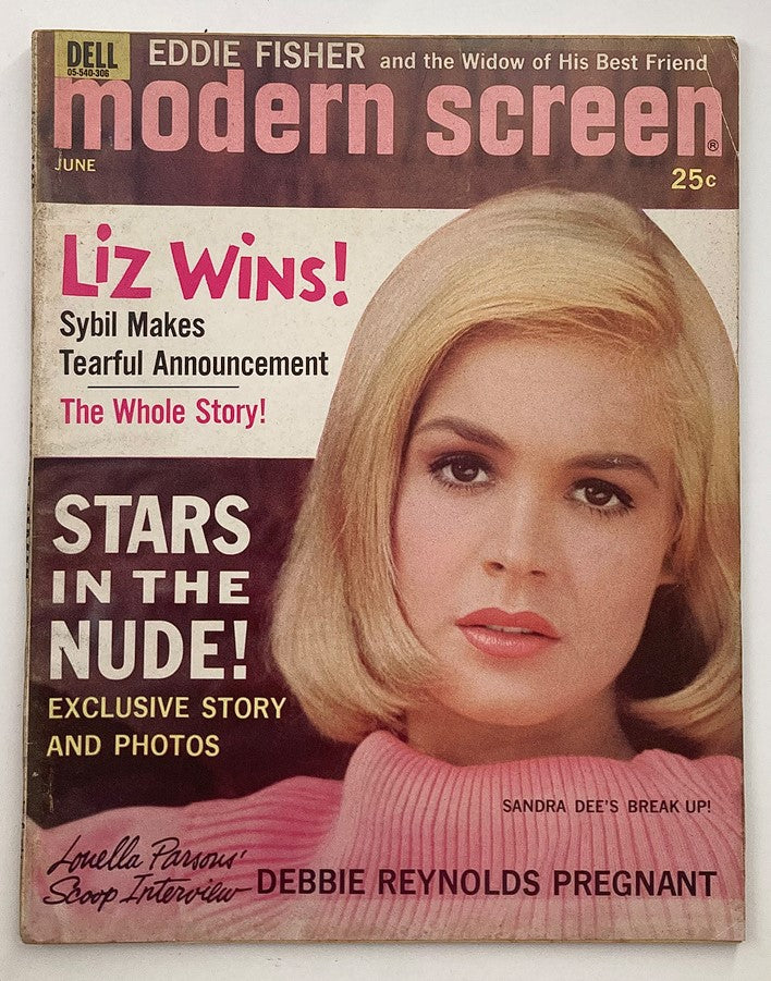 Cover of VTG Modern Screen Magazine June 1963 featuring headlines on Debbie Reynolds and Sandra Dee, with a prominent image of a blonde woman in a pink sweater.
