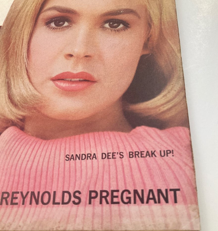 Detailed look at the cover of VTG Modern Screen Magazine June 1963 showcasing Sandra Dee's breakup announcement and the mention of Debbie Reynolds being pregnant.