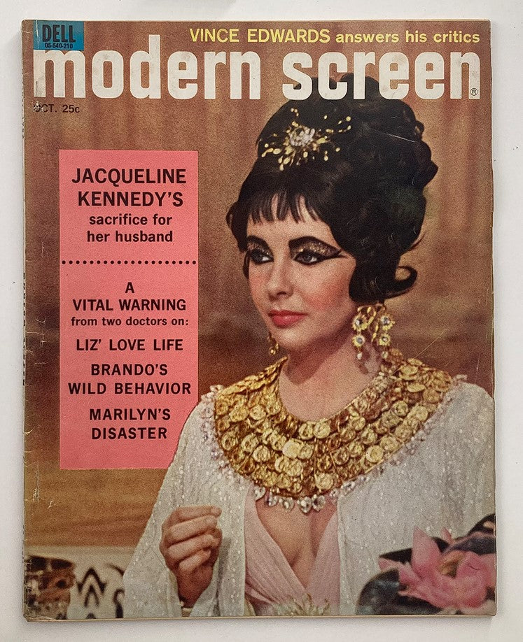 Cover of VTG Modern Screen Magazine October 1962 featuring Elizabeth Taylor, with headlines about Jacqueline Kennedy, Liz's love life, and Marilyn Monroe.