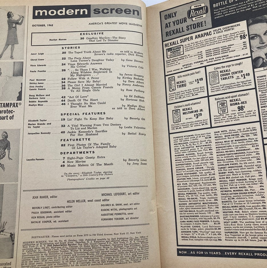 Interior page of VTG Modern Screen Magazine October 1962, featuring a table of contents with articles on Marilyn Monroe and Elizabeth Taylor, highlighting the glamour and features of classic Hollywood.