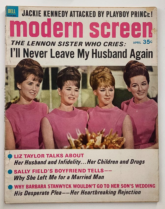 VTG Modern Screen Magazine April 1968 featuring The Lennon Sister on the cover, highlighting the article 'I'll Never Leave My Husband Again'. The cover also includes headlines about Liz Taylor, Sally Field's boyfriend, and Barbara Stanwyck.