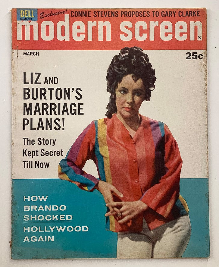 VTG Modern Screen Magazine March 1963 featuring a cover photo of Elizabeth Taylor with the headline about Liz and Burton's marriage plans, showcasing the vibrant style of the 1960s.