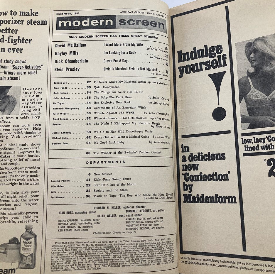 Inside page of VTG Modern Screen Magazine December 1965 featuring article headlines and content list, showcasing classic film culture and interviews from the era.