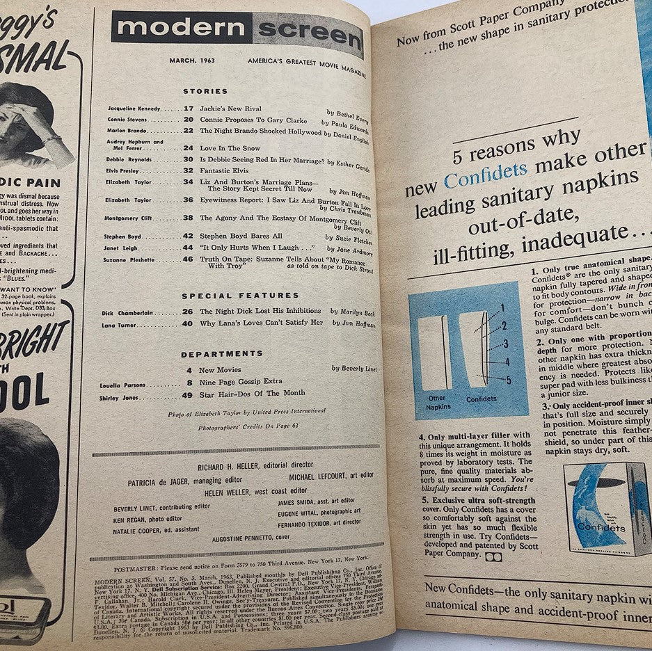 Inside page of VTG Modern Screen Magazine March 1963 displaying the table of contents with various articles, including features on Elizabeth Taylor, representative of Hollywood's golden era.