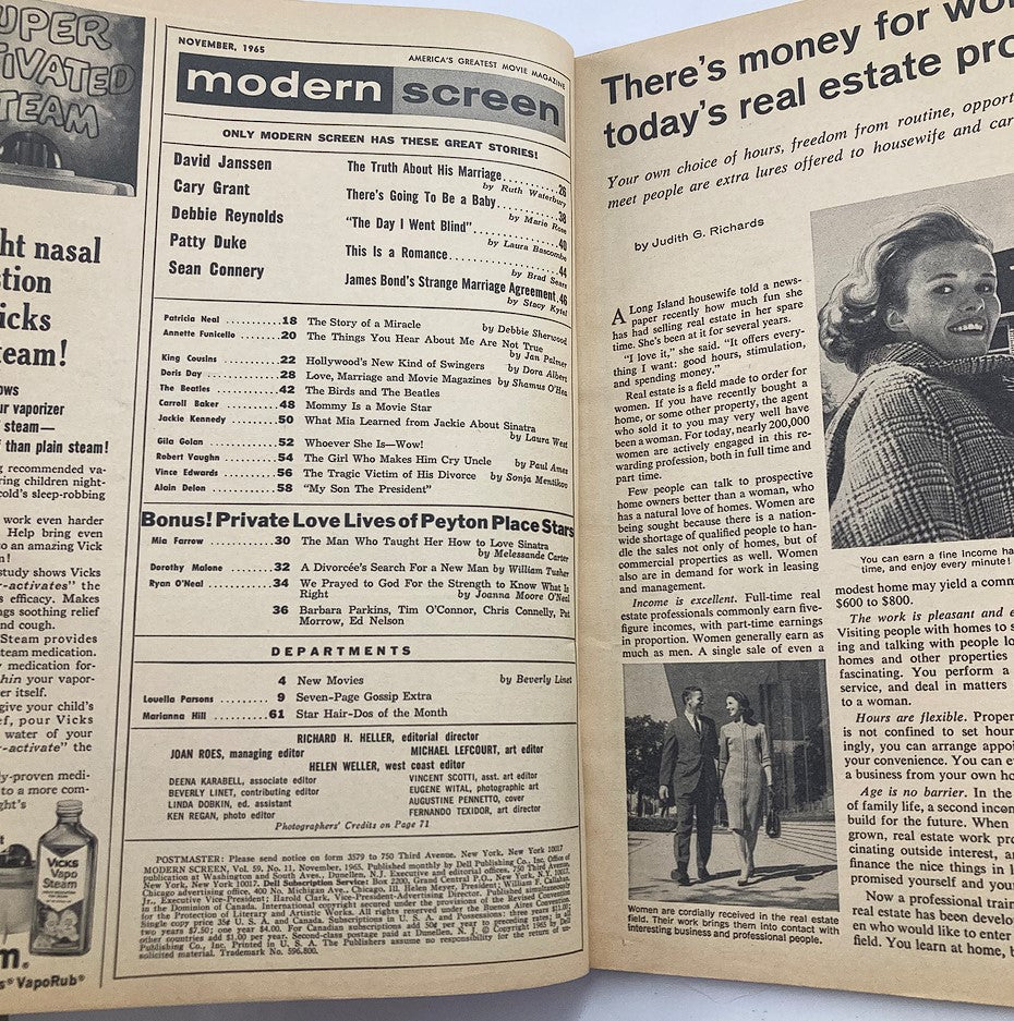 Interior page from the November 1965 VTG Modern Screen Magazine showcasing the table of contents and articles, including 'Private Love Lives of Peyton Place Stars'.