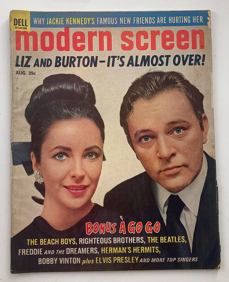VTG Modern Screen Magazine August 1965 featuring Liz Taylor and Richard Burton on the cover, highlighting their iconic Hollywood status.