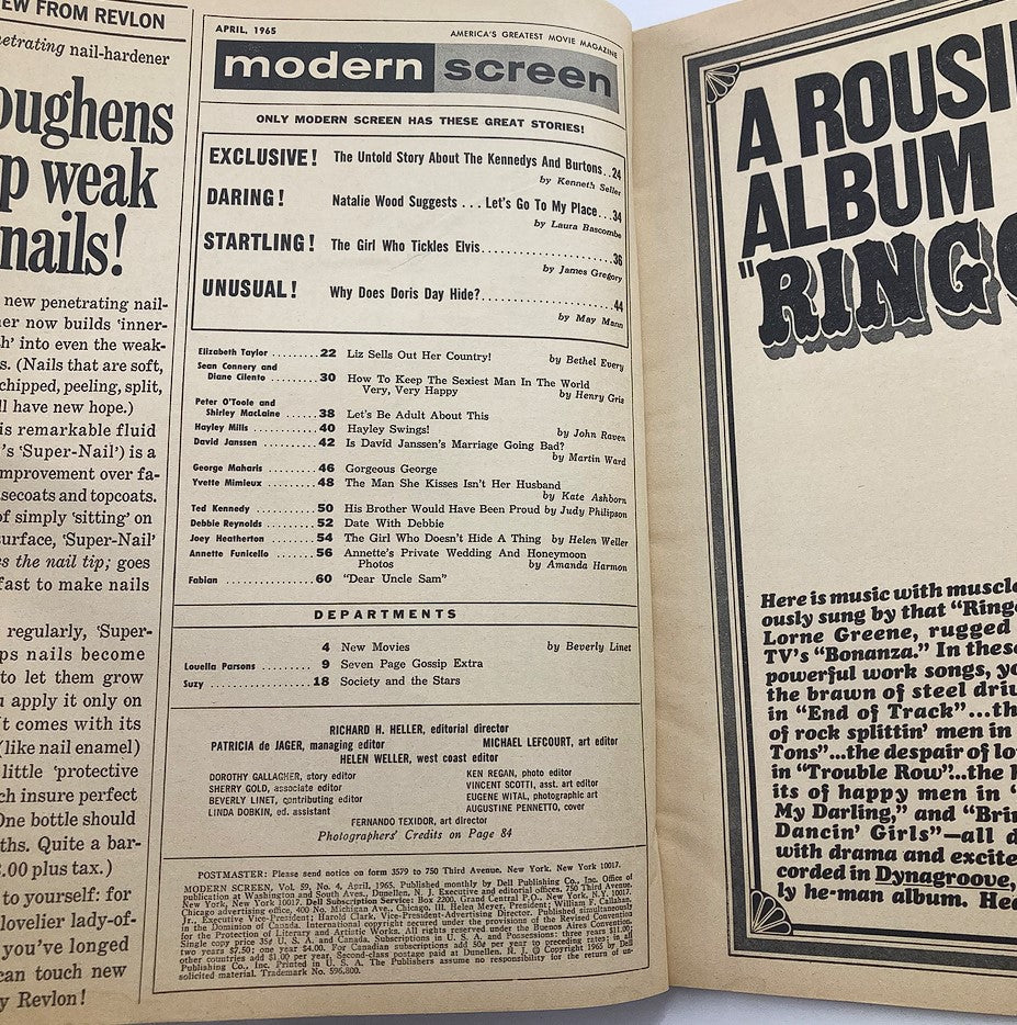 Interior page of VTG Modern Screen Magazine from April 1965, featuring article titles and a table of contents, highlighting icons Jackie Kennedy and Liz Taylor.
