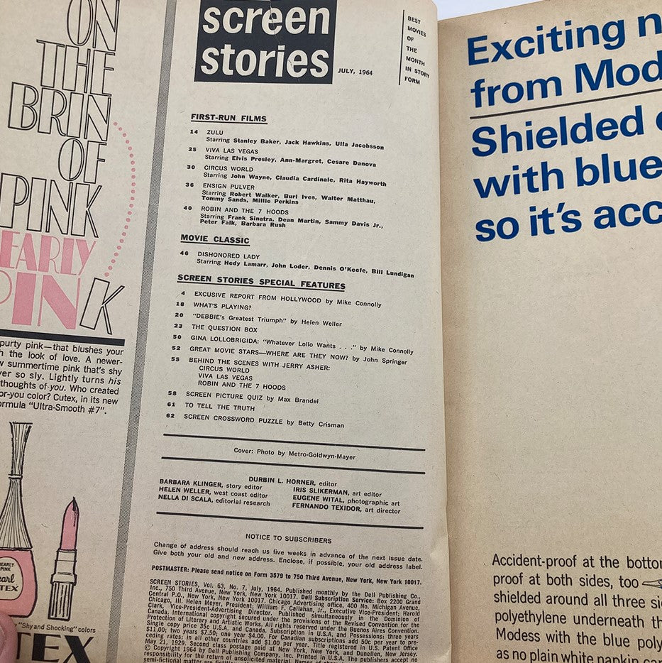 Inside page of VTG Screen Stories Magazine July 1964, presenting the table of contents and movie features of the classic film industry.
