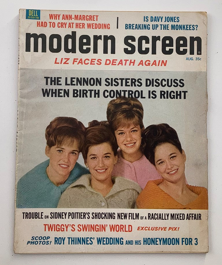 VTG Modern Screen Magazine August 1967 featuring The Lennon Sisters Cover, showcasing four female singers in stylish vintage outfits, discussing topics including birth control.