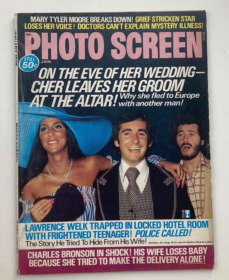Cover of VTG Photo Screen Magazine January 1975 Vol 10 #2 featuring headlines about Cher leaving her groom at the altar and Lawrence Welk trapped in a hotel room. This vintage magazine reflects 1970s pop culture.