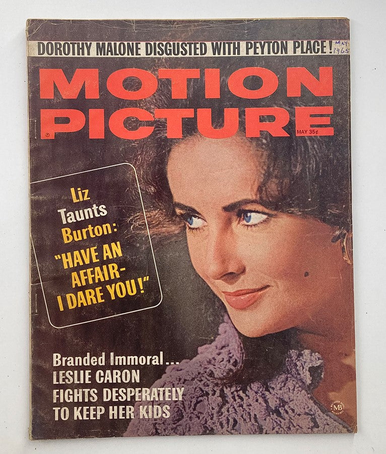 VTG Motion Picture Magazine May 1965 cover featuring Elizabeth Taylor and articles about Hollywood, including a headline on Liz Taylor taunting Richard Burton.