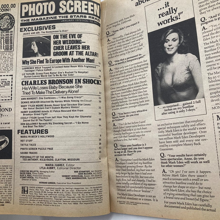 Interior page of VTG Photo Screen Magazine January 1975 Vol 10 #2 showcasing articles and features, including an interview with Anne Black and celebrity news from the 1970s.