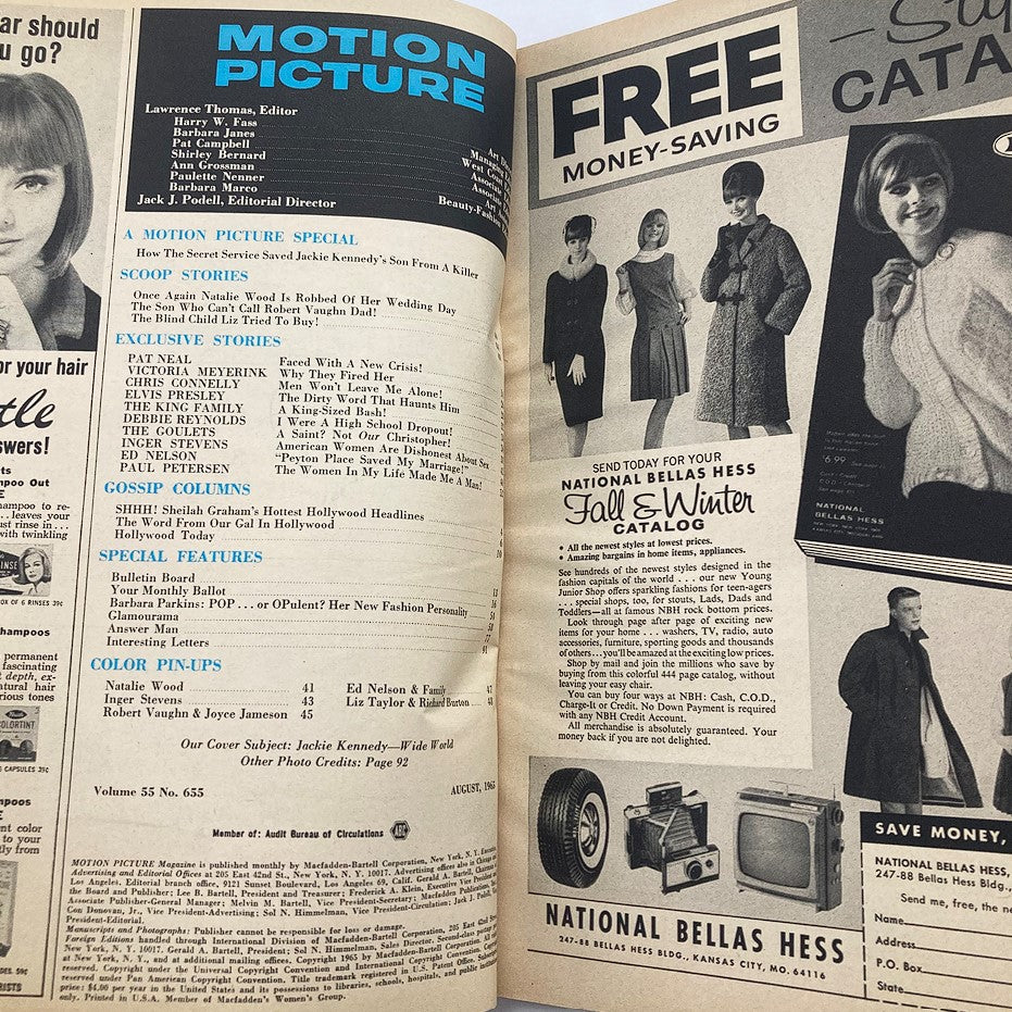 Inside pages of VTG Motion Picture Magazine August 1965, Volume 55, Issue #655 displaying content and articles related to celebrity culture.