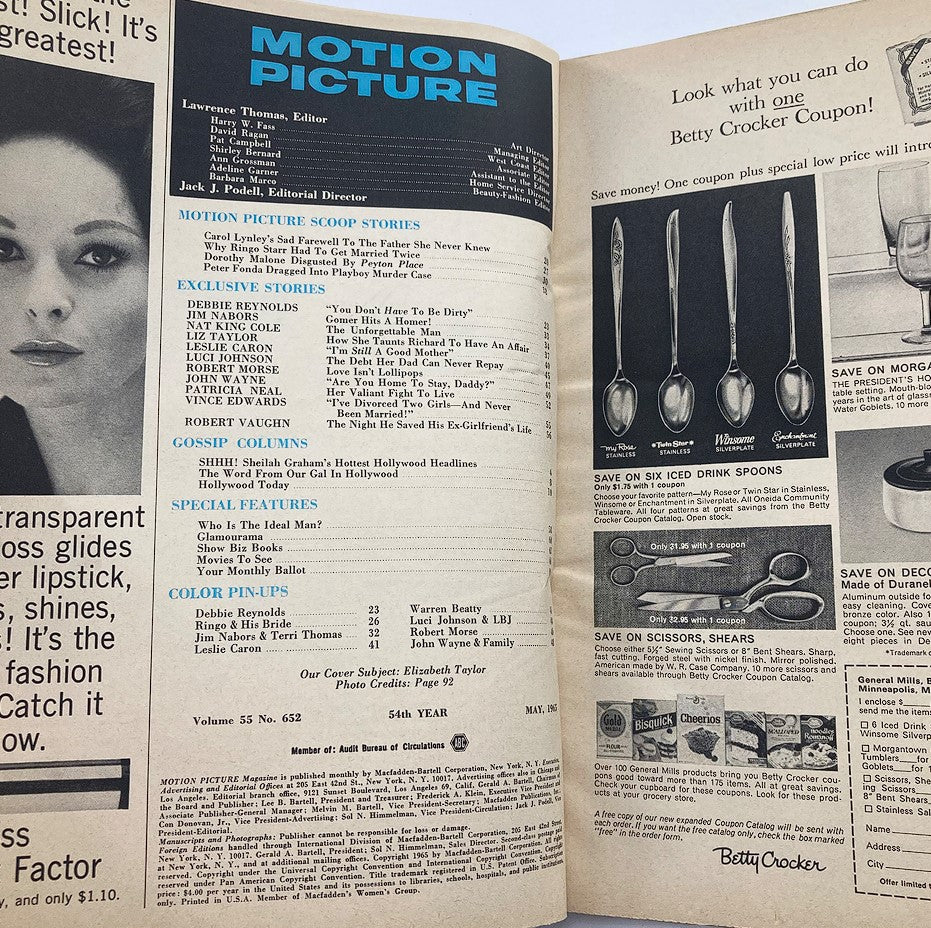 Inside page of VTG Motion Picture Magazine May 1965 displaying contents, featuring articles about classic Hollywood stars and special features.
