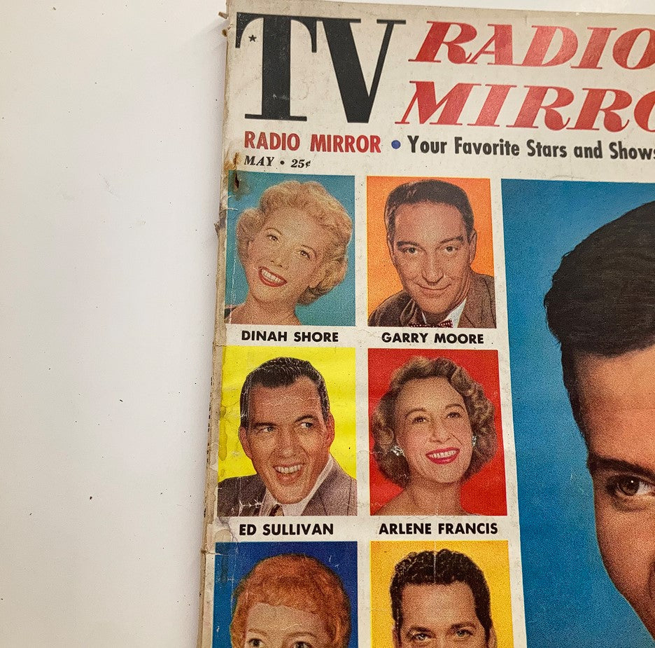 Close-up view of the VTG TV Radio Mirror Magazine May 1957 cover, highlighting portraits of Dinah Shore, Garry Moore, Ed Sullivan, and Arlene Francis, alongside Pat Boone. A nostalgic glimpse into 1950s television history.