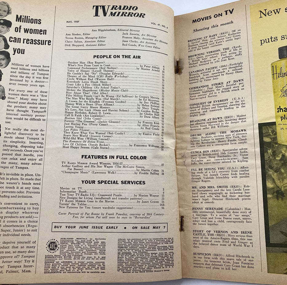 Interior pages of VTG TV Radio Mirror Magazine May 1957 showcasing the table of contents and features on movies and TV shows, reflecting pop culture of the 1950s.