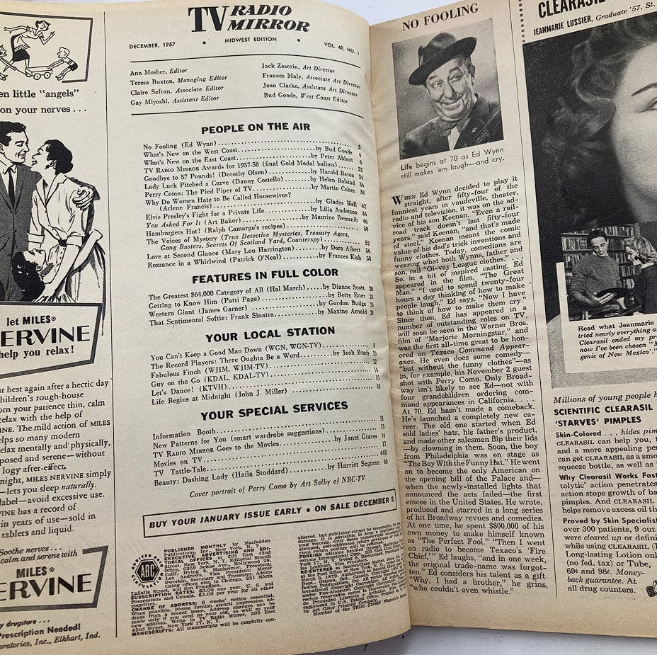 Inside page of the VTG TV Radio Mirror Magazine December 1957 displaying articles and details about television shows of that era.