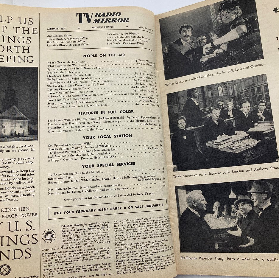 Interior page of VTG TV Radio Mirror Magazine January 1959 Vol 51 #2 showing content sections with features on television personalities and shows.