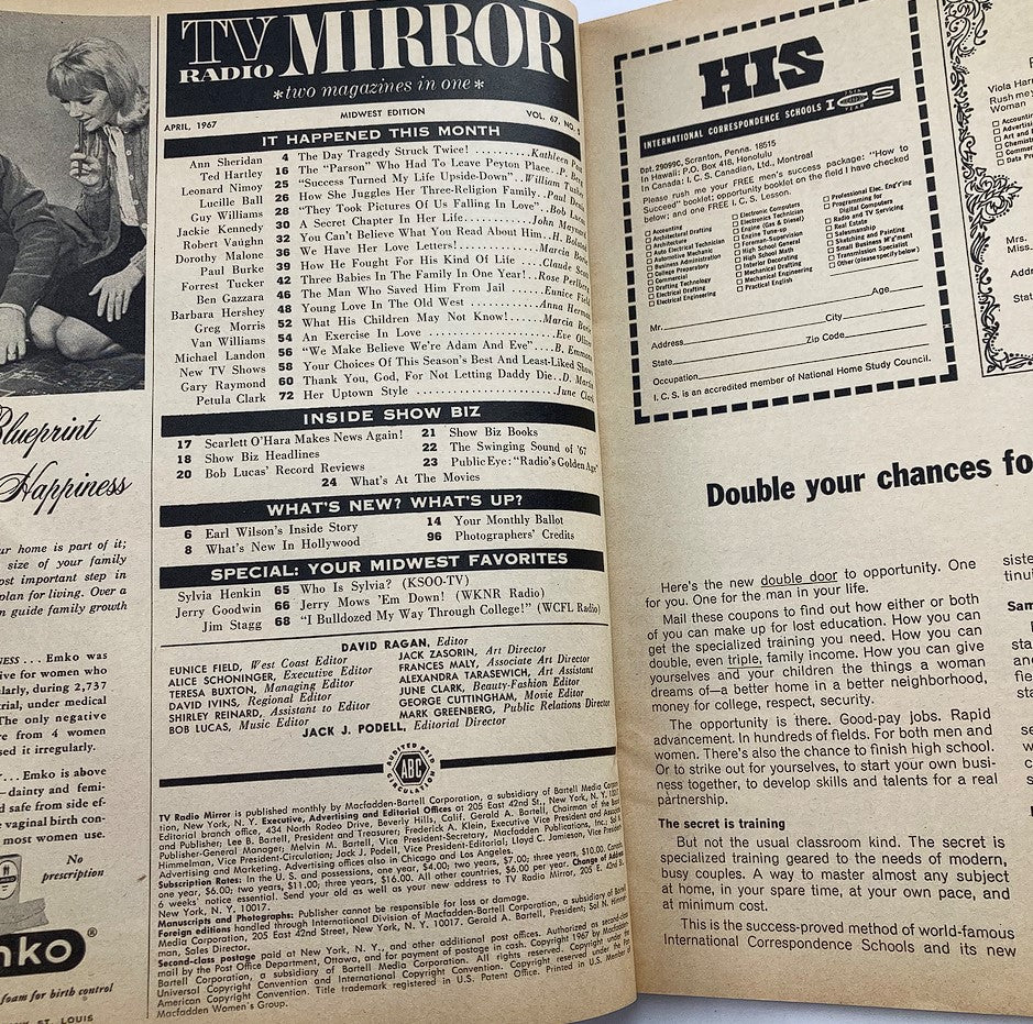 Inside page of VTG TV Radio Mirror Magazine April 1967 Vol 67 #5, highlighting articles and features related to television and radio from that era.