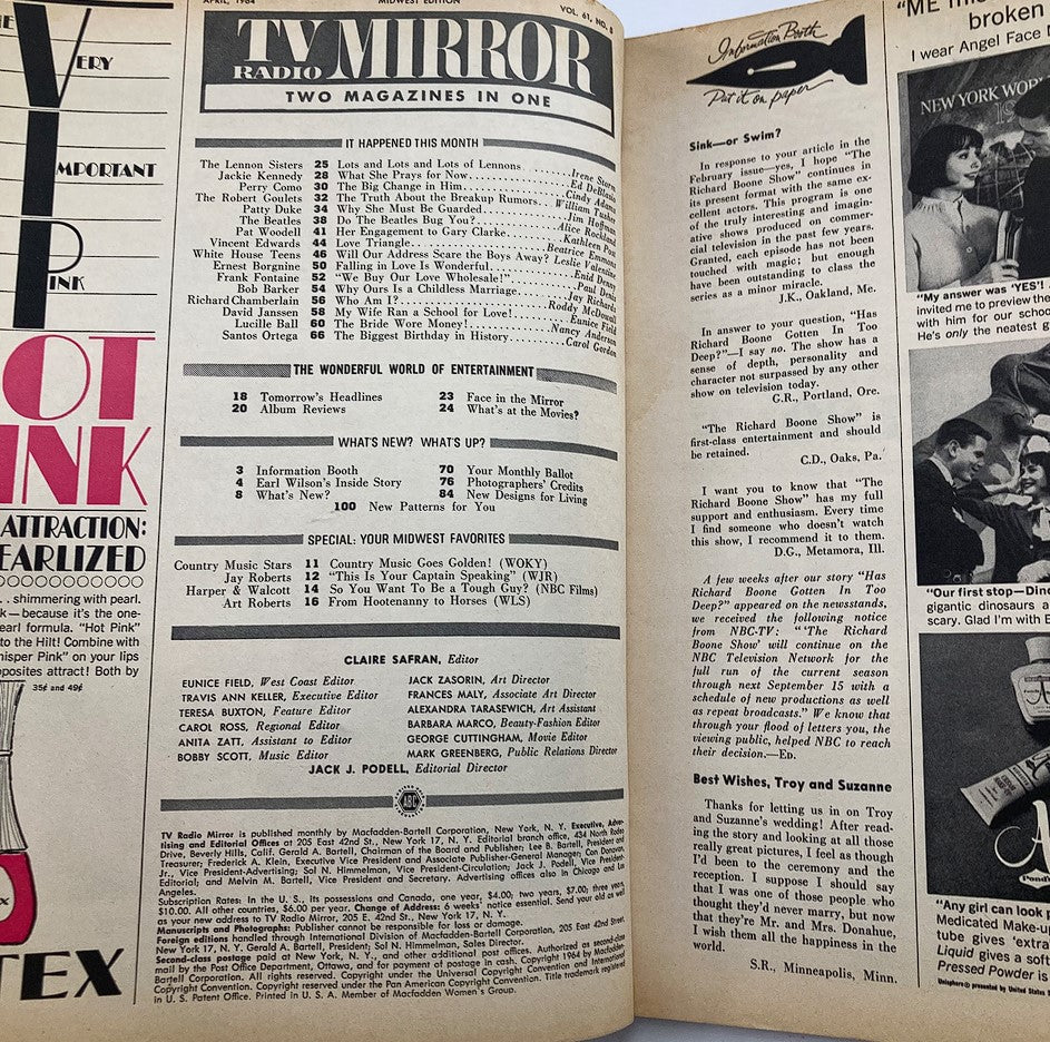 Inside page of VTG TV Radio Mirror Magazine April 1964 showcasing magazine contents and layout.