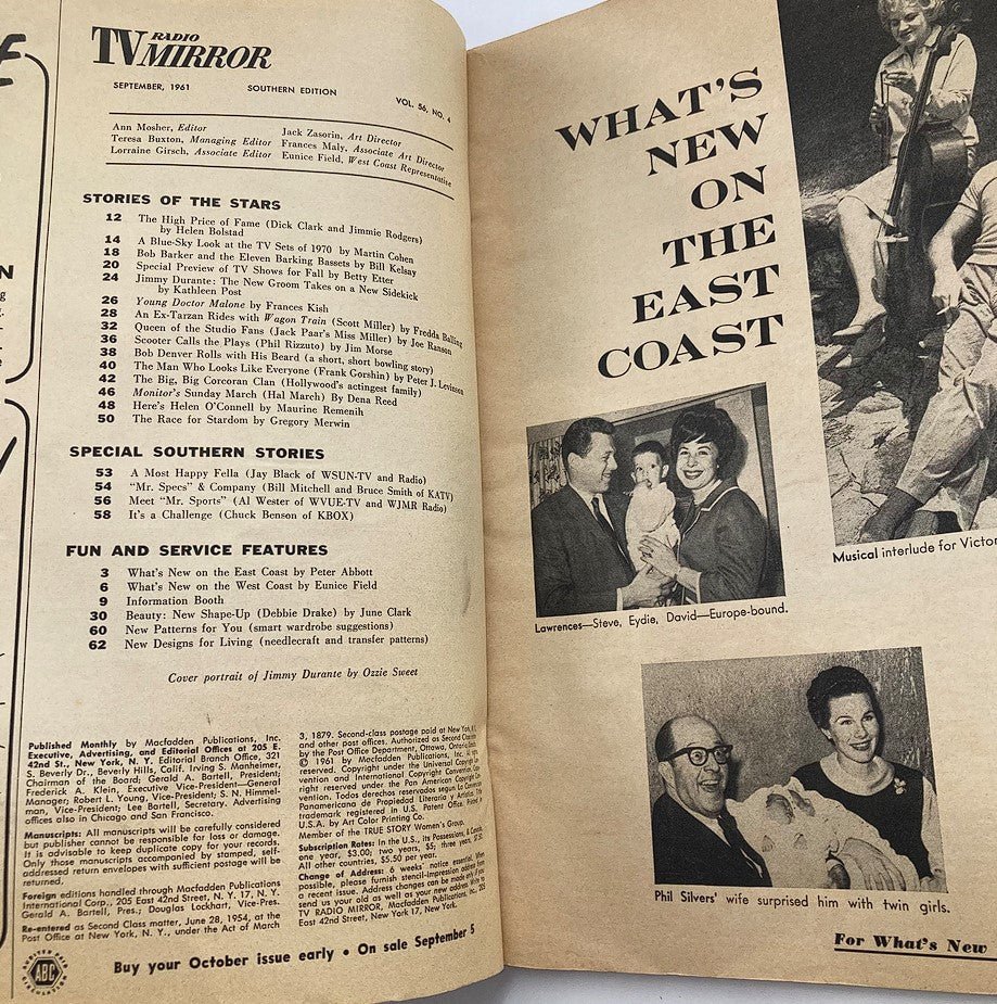 Inside page of the Vintage TV Radio Mirror Magazine September 1961, featuring the table of contents and articles related to mid-century entertainment.