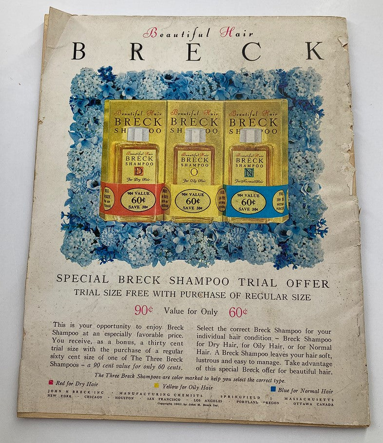 Cover of the VTG TV Radio Mirror Magazine from September 1961 featuring a portrait of Jimmy Durante along with a vintage advertisement for Breck Shampoo highlighting a special trial offer.