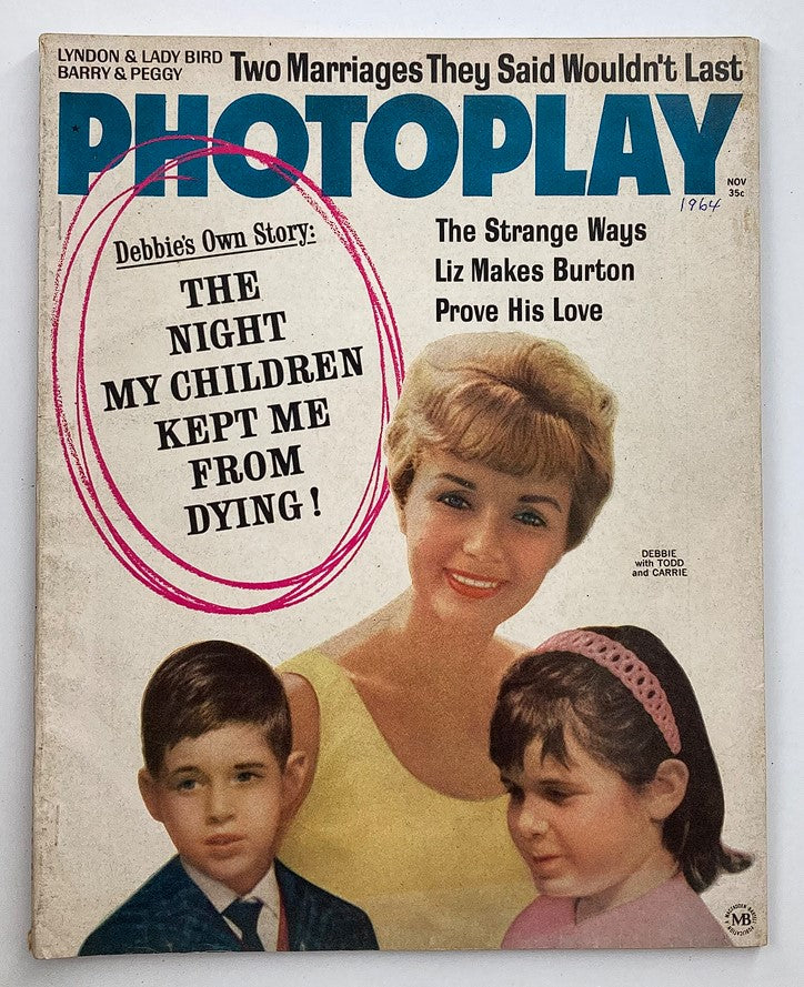 VTG Photoplay Magazine November 1964 cover featuring Debbie Reynolds with Todd Fisher and Carrie Fisher, highlighting the article 'The Night My Children Kept Me From Dying!'