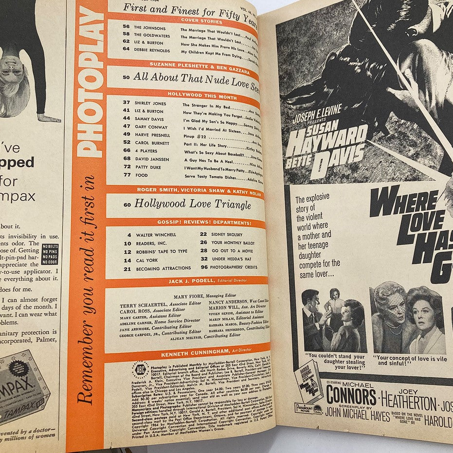 Inside page of VTG Photoplay Magazine November 1964 showcasing table of contents and advertisements reflecting Hollywood's entertainment scene.