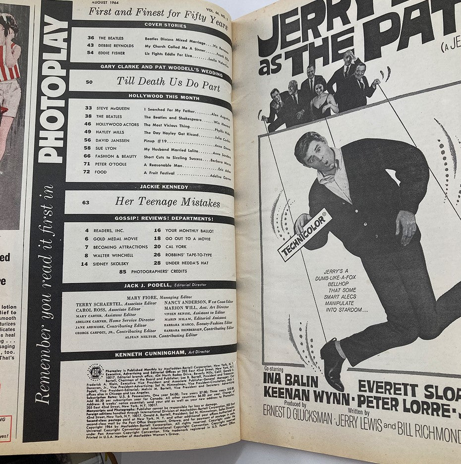 Inside page of VTG Photoplay Magazine August 1964, showcasing content from Volume 66, Issue #2, including articles and features about Hollywood stars and gossip.