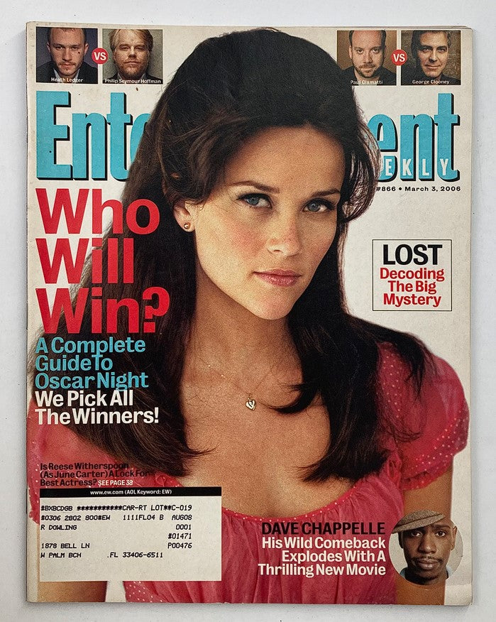 Cover of Entertainment Weekly Magazine dated March 3, 2006 featuring Reese Witherspoon, titled 'Who Will Win?' with highlights about Oscar Night and an appearance by Dave Chappelle.