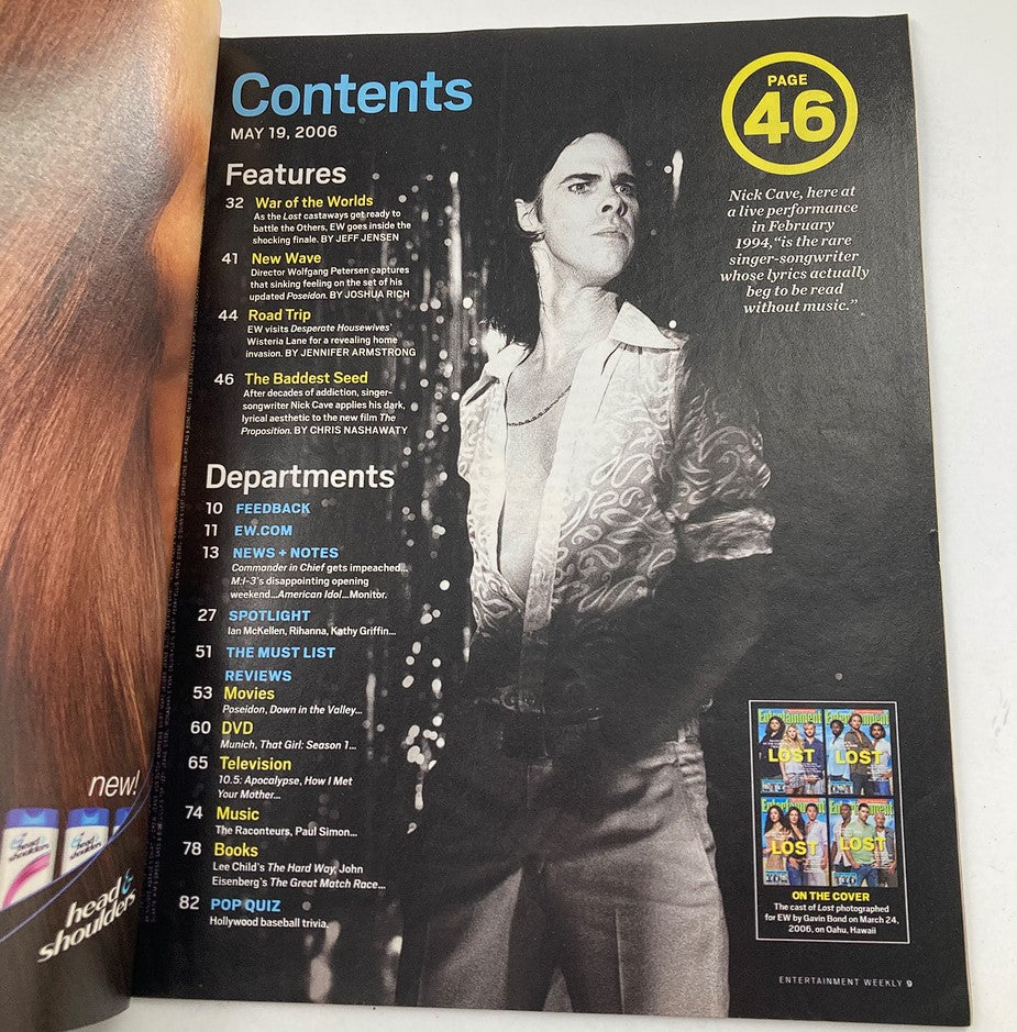 Table of contents page from Entertainment Weekly Magazine May 19 2006, showcasing features like 'War of the Worlds', an interview with a musician, and details about the popular series 'Lost'.