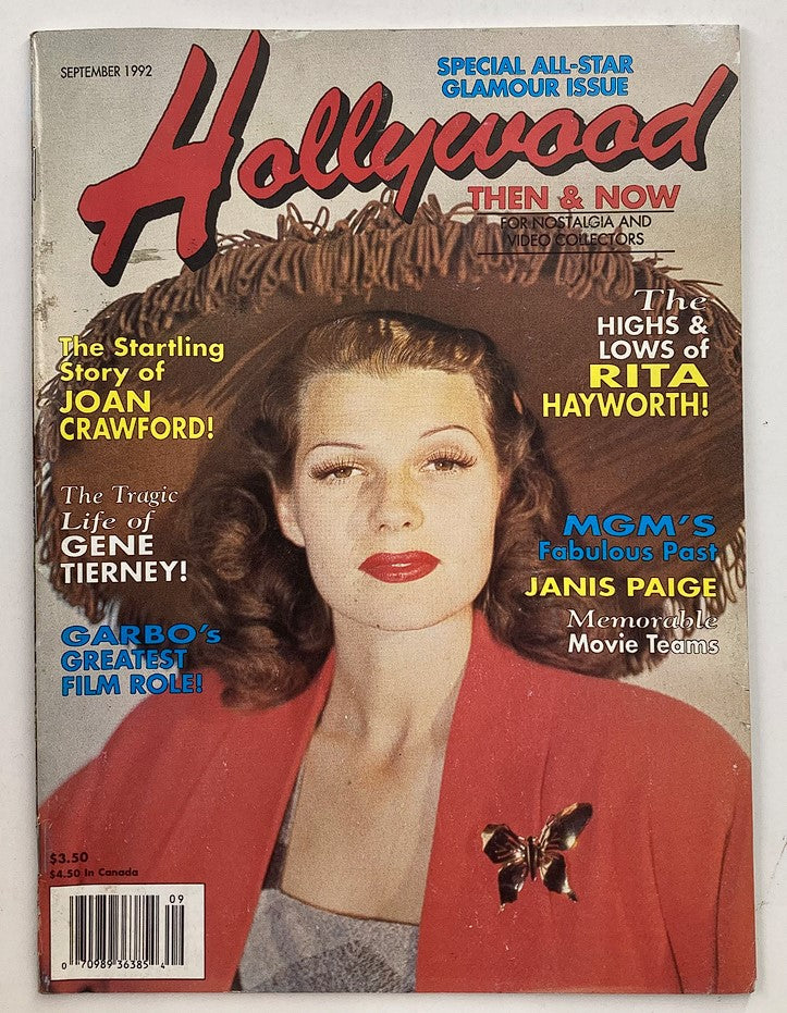 Hollywood Studio Magazine Then & Now September 1992 cover featuring Rita Hayworth, highlighting her highs and lows, along with articles on Joan Crawford and Gene Tierney.