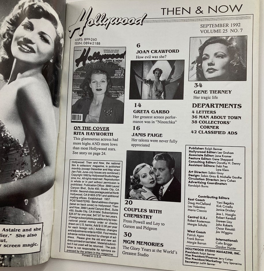 Hollywood Studio Magazine Then & Now September 1992 featuring Rita Hayworth on the cover. The magazine includes articles about classic Hollywood stars like Joan Crawford and Greta Garbo, alongside captivating background images of iconic actresses.