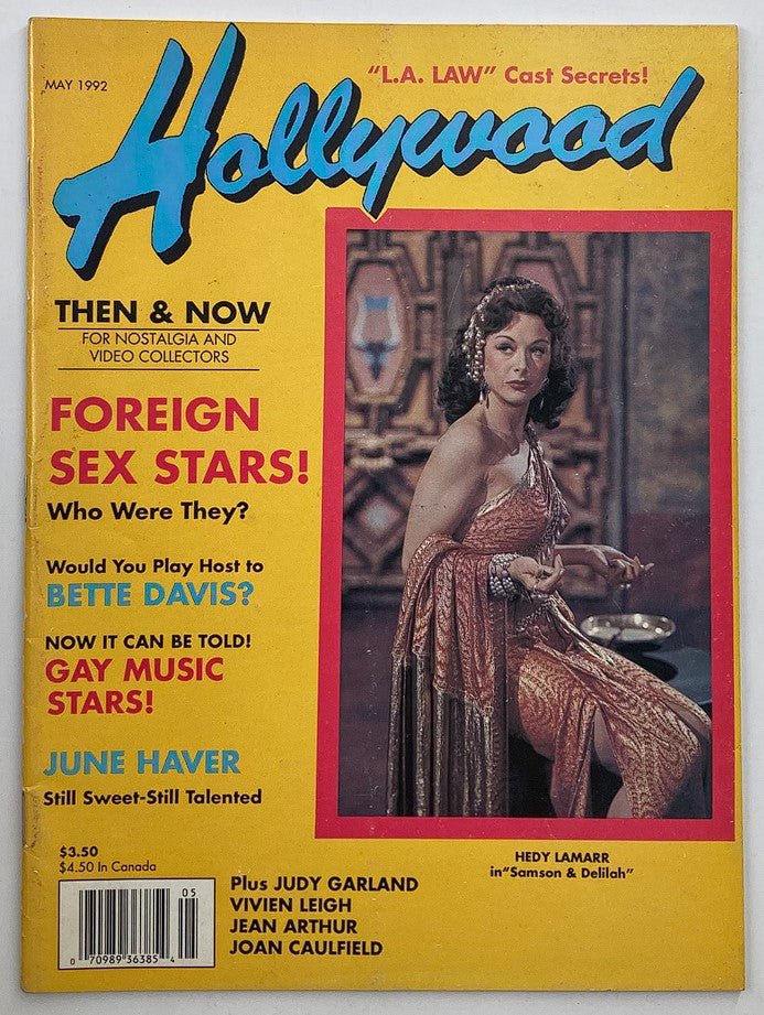 Hollywood Studio Magazine Then & Now May 1992 cover featuring Hedy Lamarr, showcasing iconic cinematography with vibrant yellow background and article highlights on classic film stars.